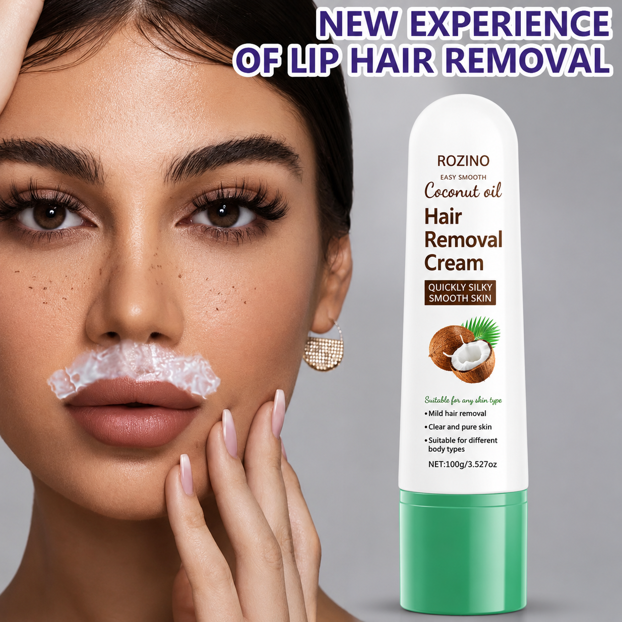 ROZINO Coconut Oil Hair Removal Cream | Gentle & Painless Depilatory for Face, Lips, Arms & Legs | 100g